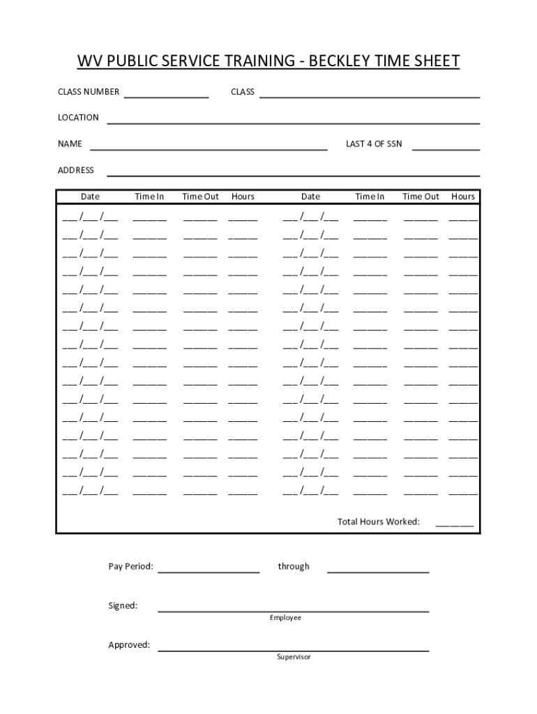 Fillable Online WV PUBLIC SERVICE TRAINING BECKLEY TIME SHEET Fax