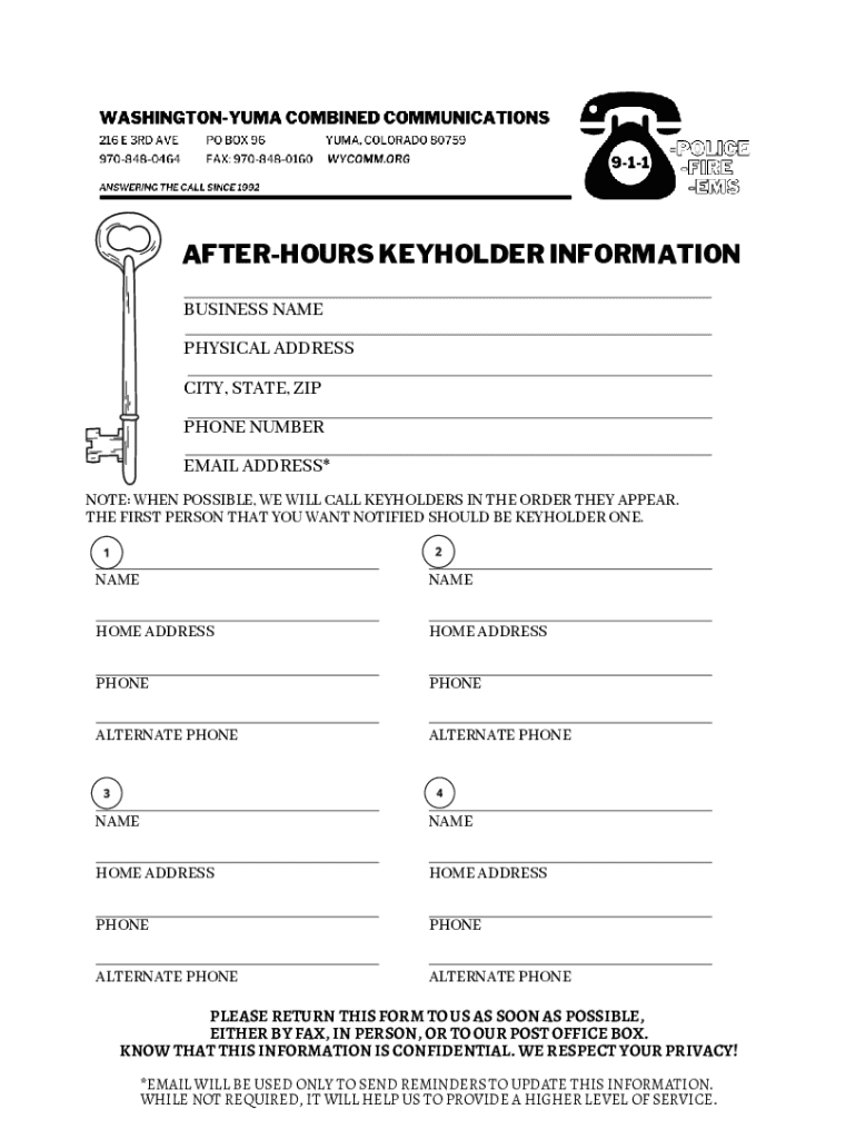 Fillable Online Afterhours keyholder information Fax Email Print