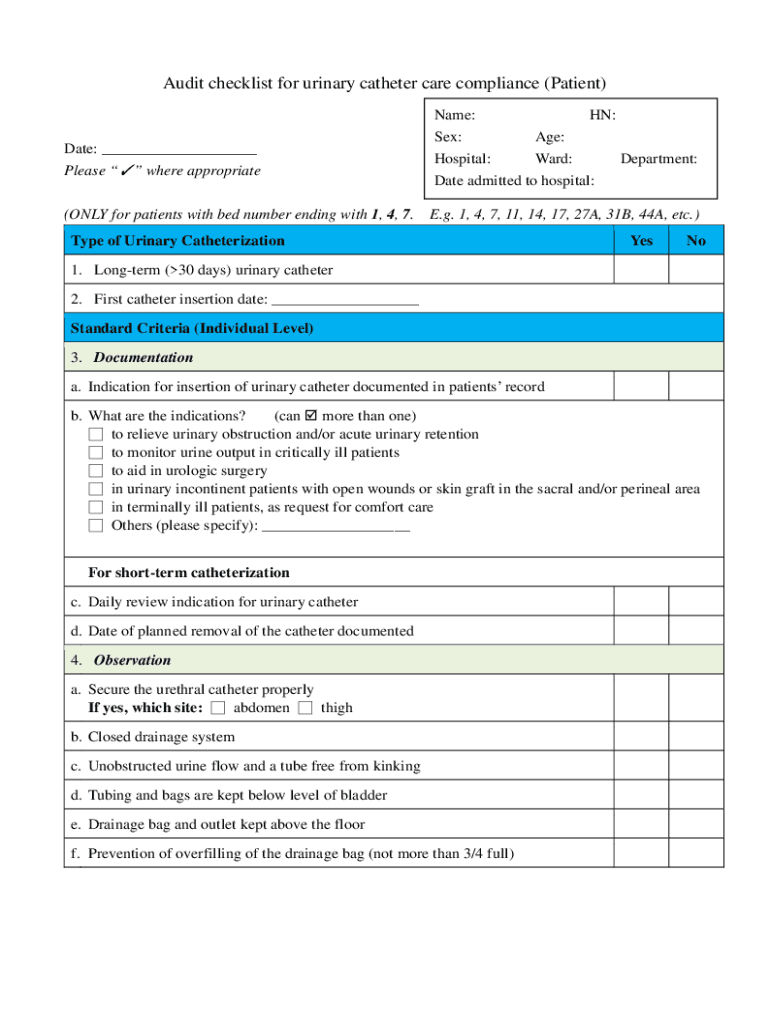 Fillable Online Audit checklist for urinary catheter care compliance