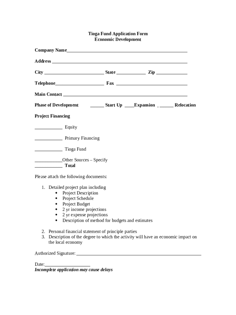 Tioga Fund Application Doc Template pdfFiller