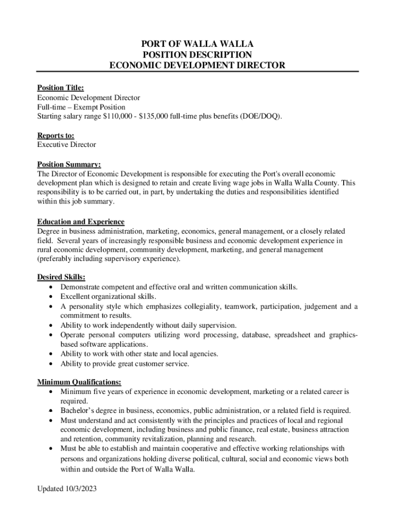 Fillable Online port of walla walla economic development director