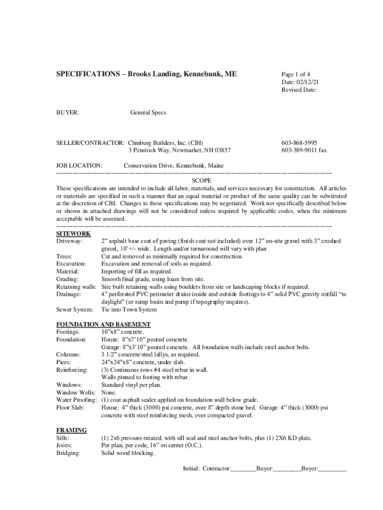 Fillable Online SPECIFICATIONSBrooks Landing, Kennebunk, ME Fax Email