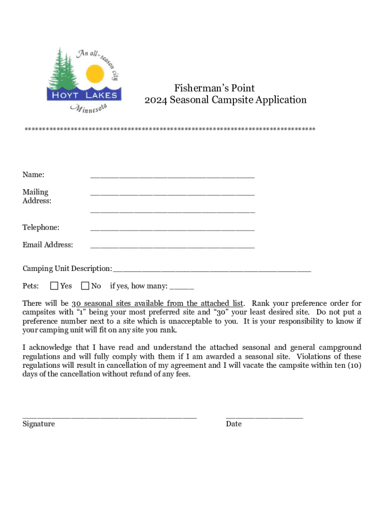 Fillable Online CAMPSITE Seasonal Camping Agreement Fax Email Print