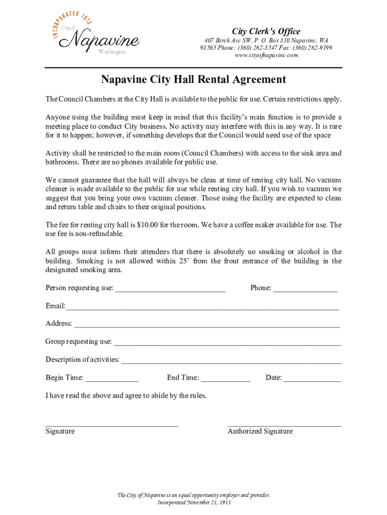 Fillable Online Napavine City Hall Rental Agreement Fax Email Print