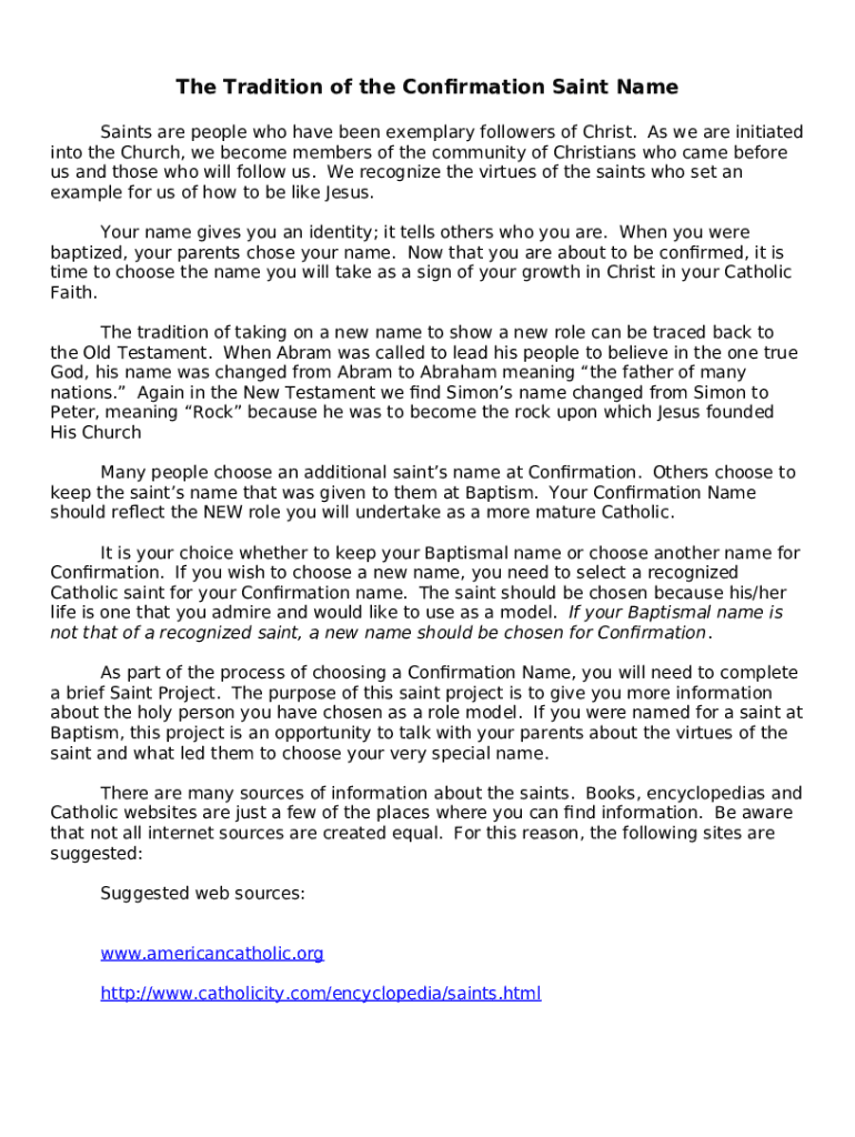 The Tradition of the Confirmation Saint Name Doc Template pdfFiller