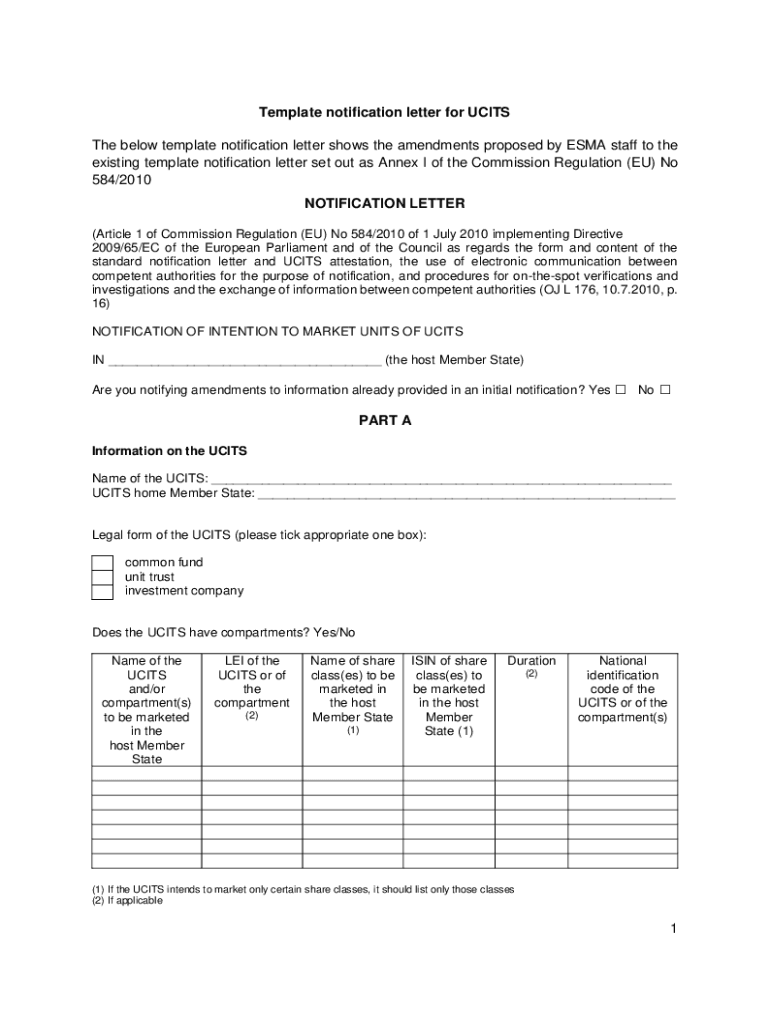 Fillable Online 1 Template notification letter for UCITS The Fax