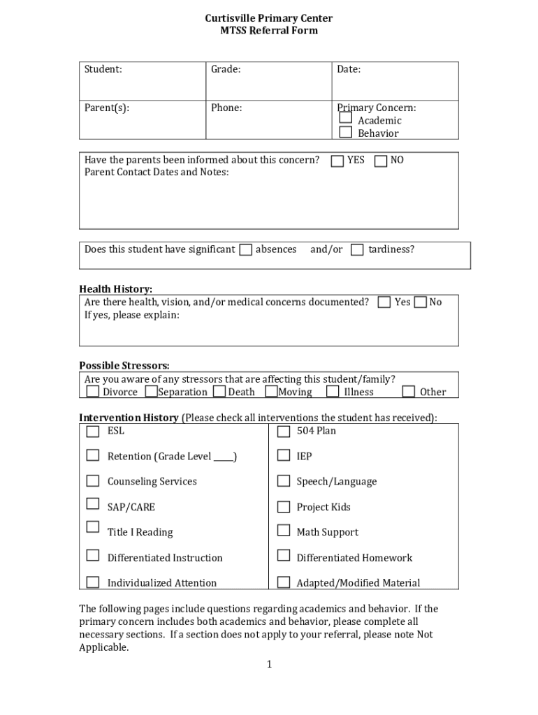 Fillable Online 1 Curtisville Primary Center MTSS Referral Form Student