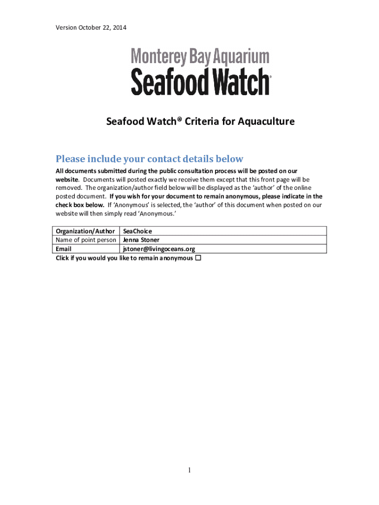 Fillable Online Seafood Watch Criteria for Aquaculture Review by Jenna