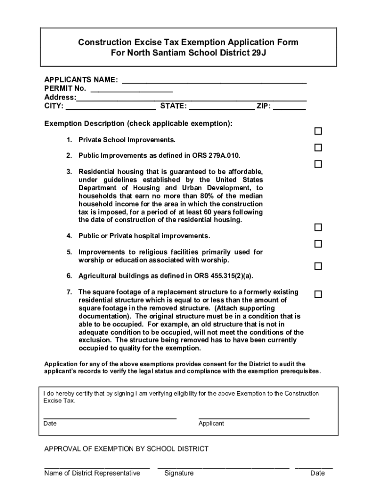 Fillable Online Construction Excise Tax Exemption Application Form For