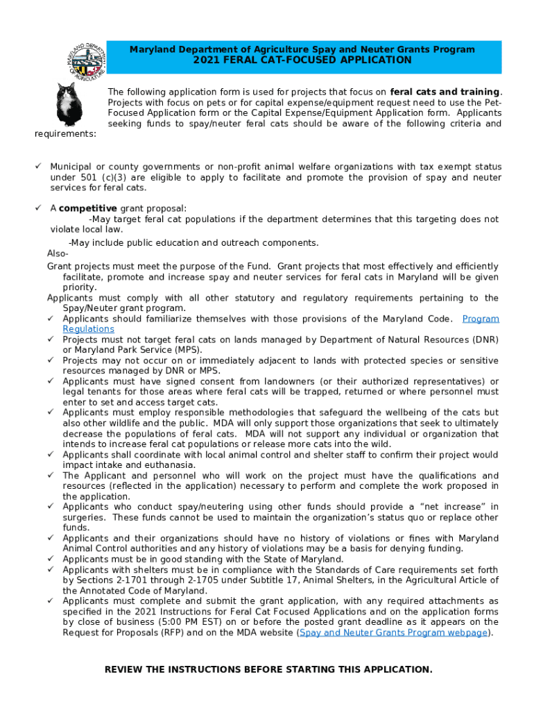 Spay and Neuter Grants Feral Cat Application mda maryland Doc