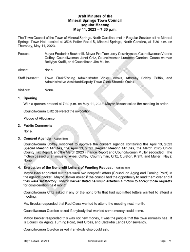 Fillable Online The Town Council of the Town of Mineral Springs, North