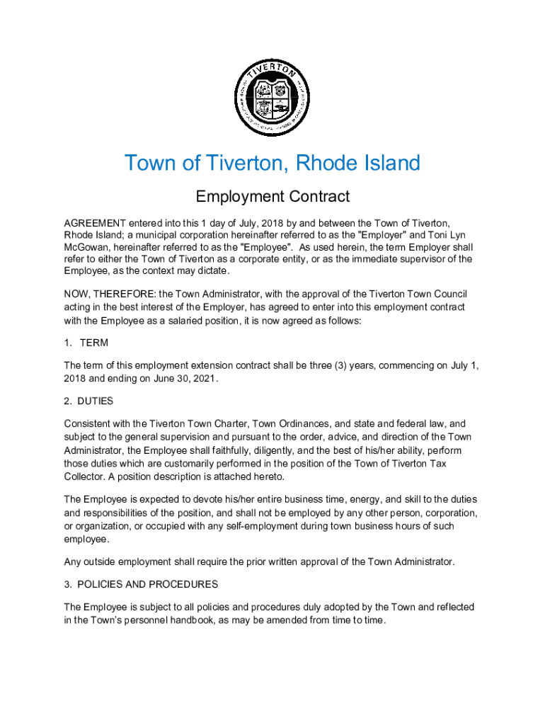 Fillable Online town of tiverton employment agreement part time