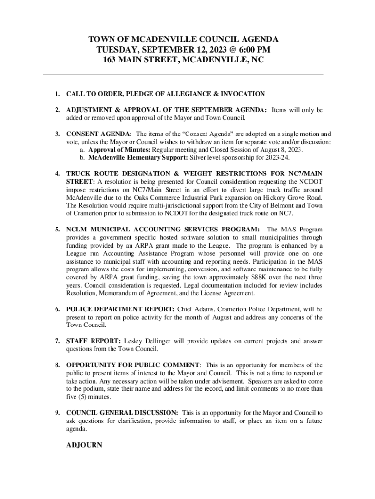 Fillable Online TOWN OF MCADENVILLE COUNCIL AGENDA Fax Email Print