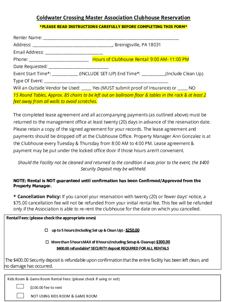 Fillable Online Coldwater Crossing Master Association Clubhouse