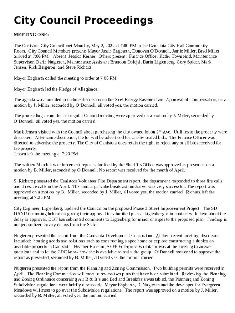 The Canistota City Council met Monday, May 2, 2022 at 700 PM in the