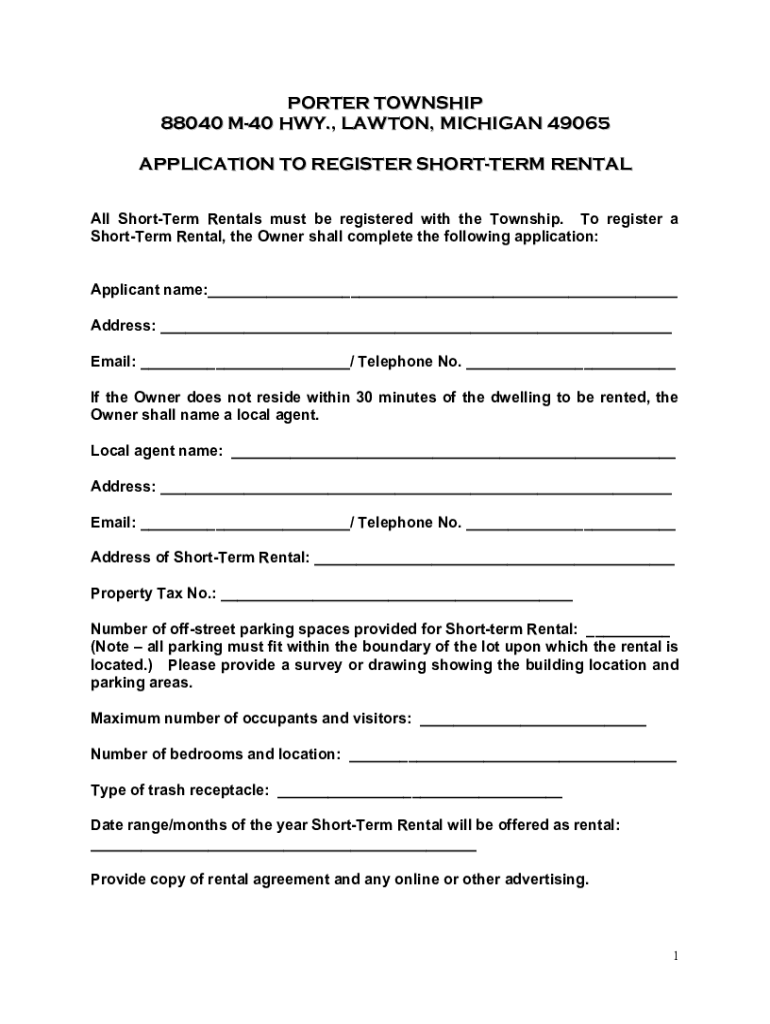 Fillable Online PORTER TOWNSHIP ShortTerm Rental Application Fax Email