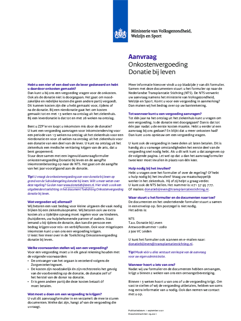 Invulbaar Online Kosten bij levende donatie aan de kant van de donor en