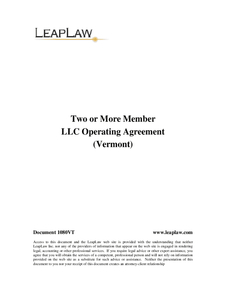 Fillable Online Vermont LLC Operating Agreement Templates (2) Fax Email