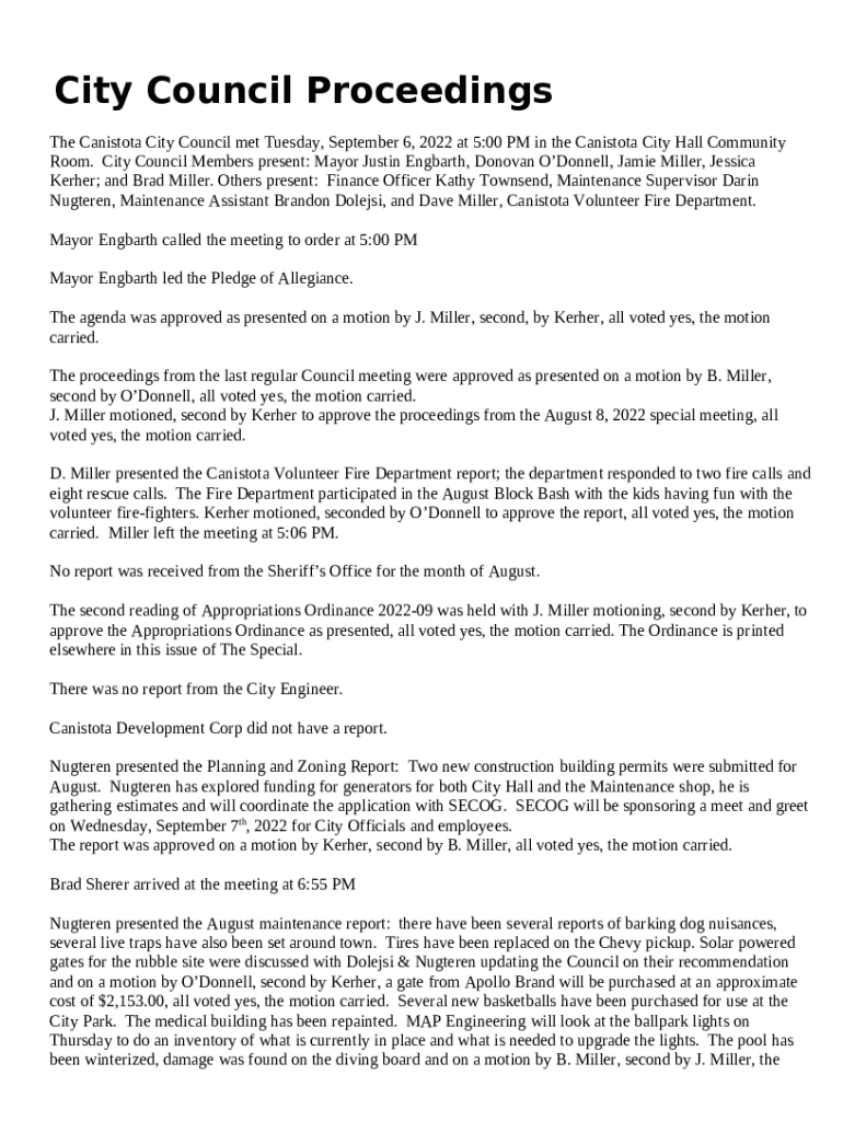 The Canistota City Council met Tuesday, September 6, 2022 at 500 PM in