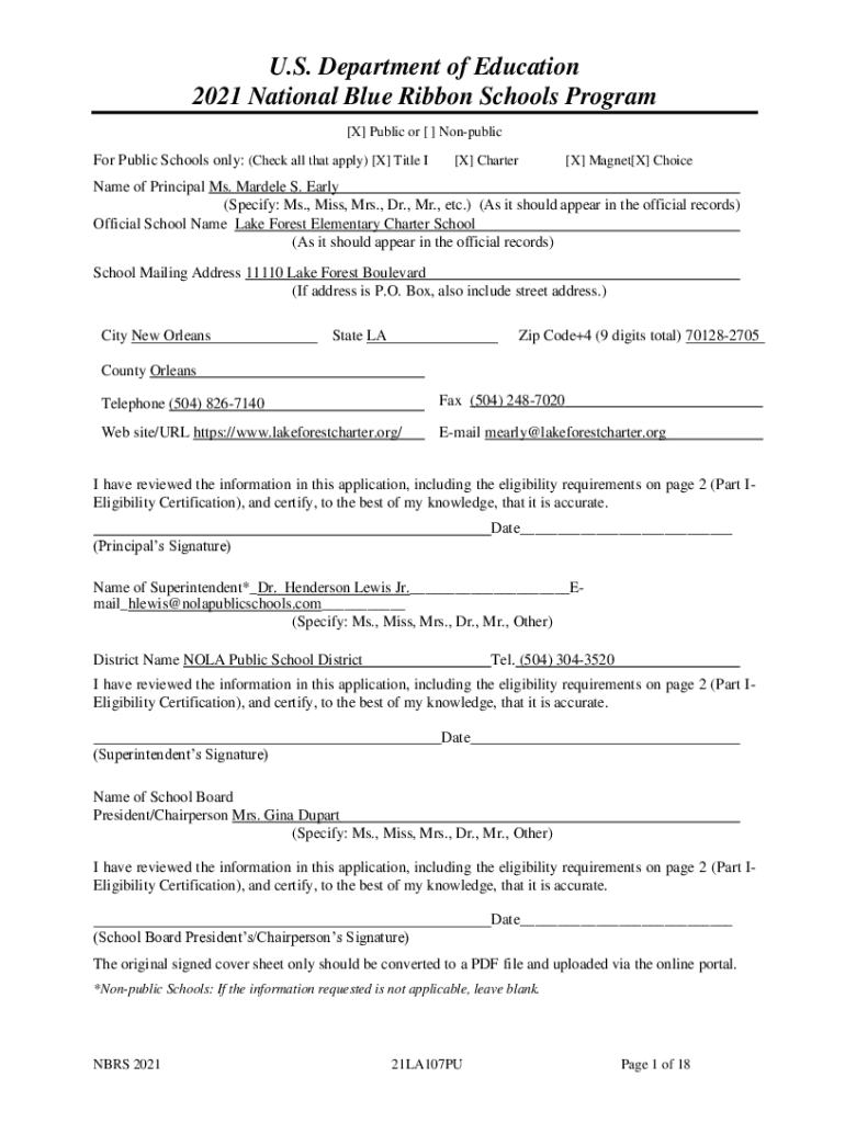 Fillable Online Elementary Schools 2021 National Blue Ribbon Schools