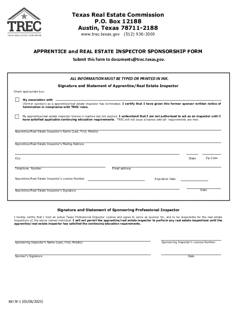 Fillable Online APPRENTICE and REAL ESTATE INSPECTOR SPONSORSHIP FORM