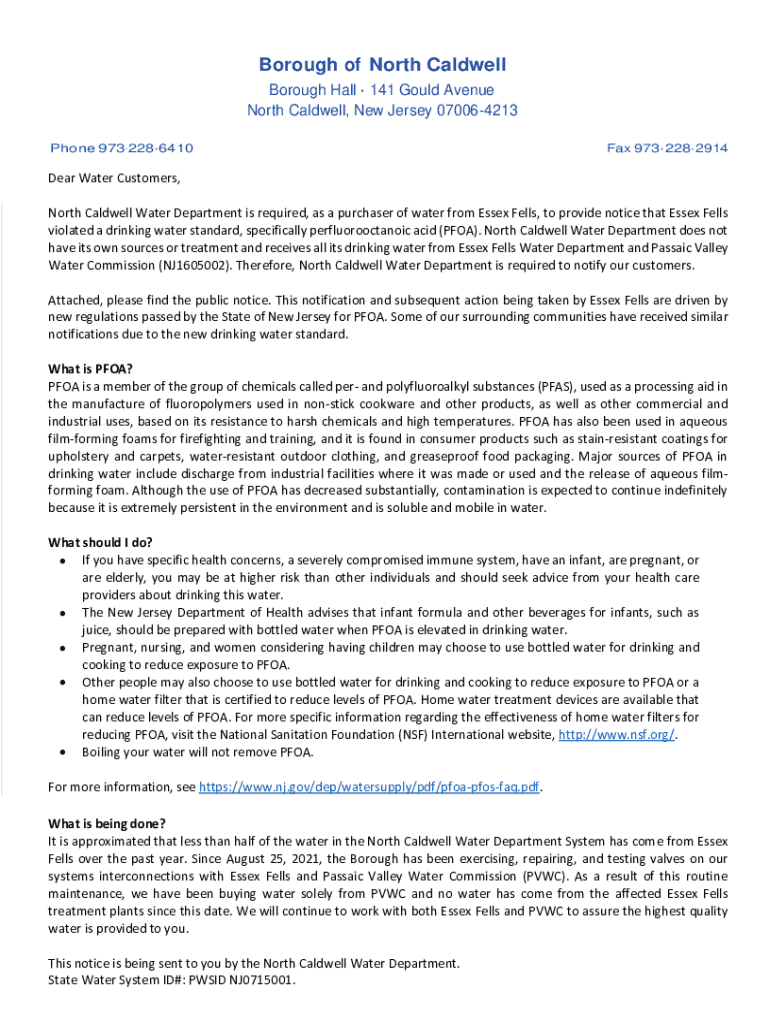 Fillable Online North Caldwell Water Department Meter Submission Fax