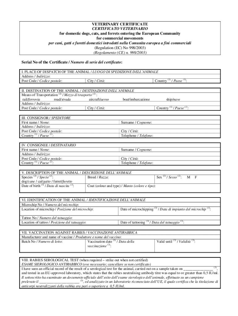 Fillable Online chapter 38 model animal health certificate for entry