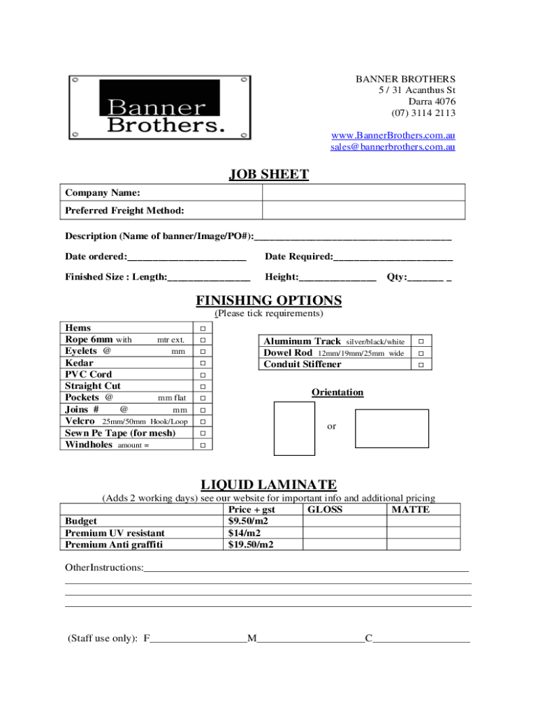Fillable Online JOB SHEET FINISHING OPTIONS LIQUID LAMINATE Fax Email Print pdfFiller