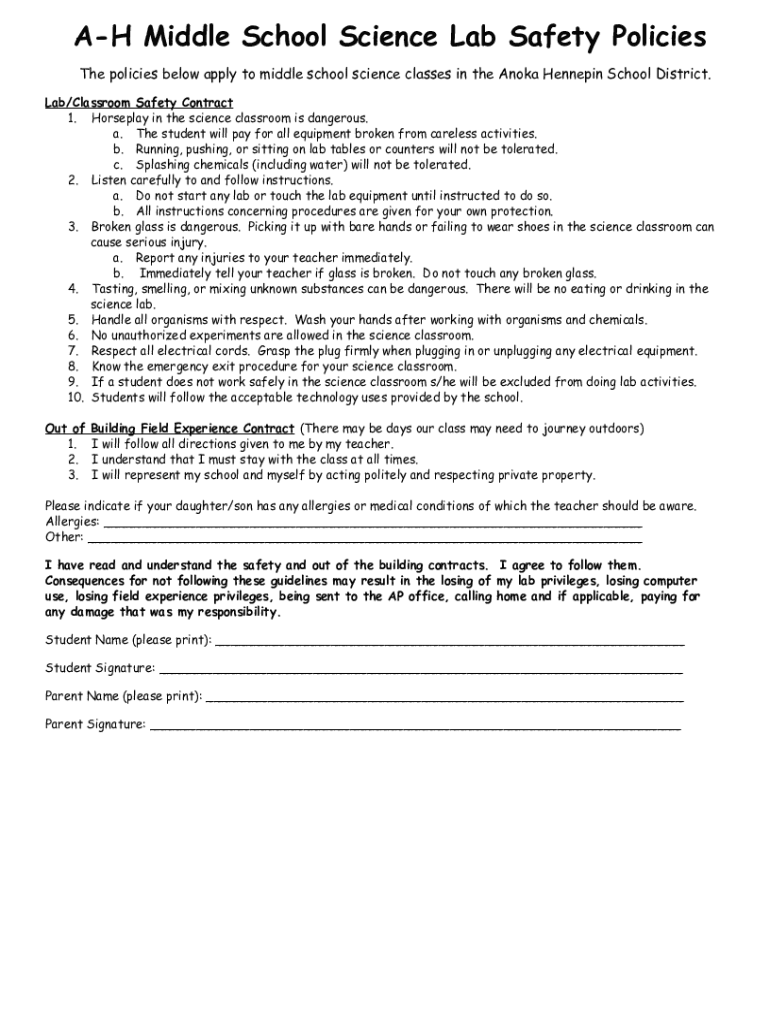 Fillable Online AH Middle School Science Lab Safety Policies Fax Email