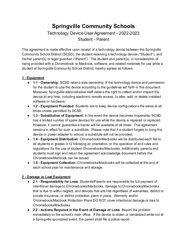 Fillable Online springville k12 ia 2223 studentparent equipment use