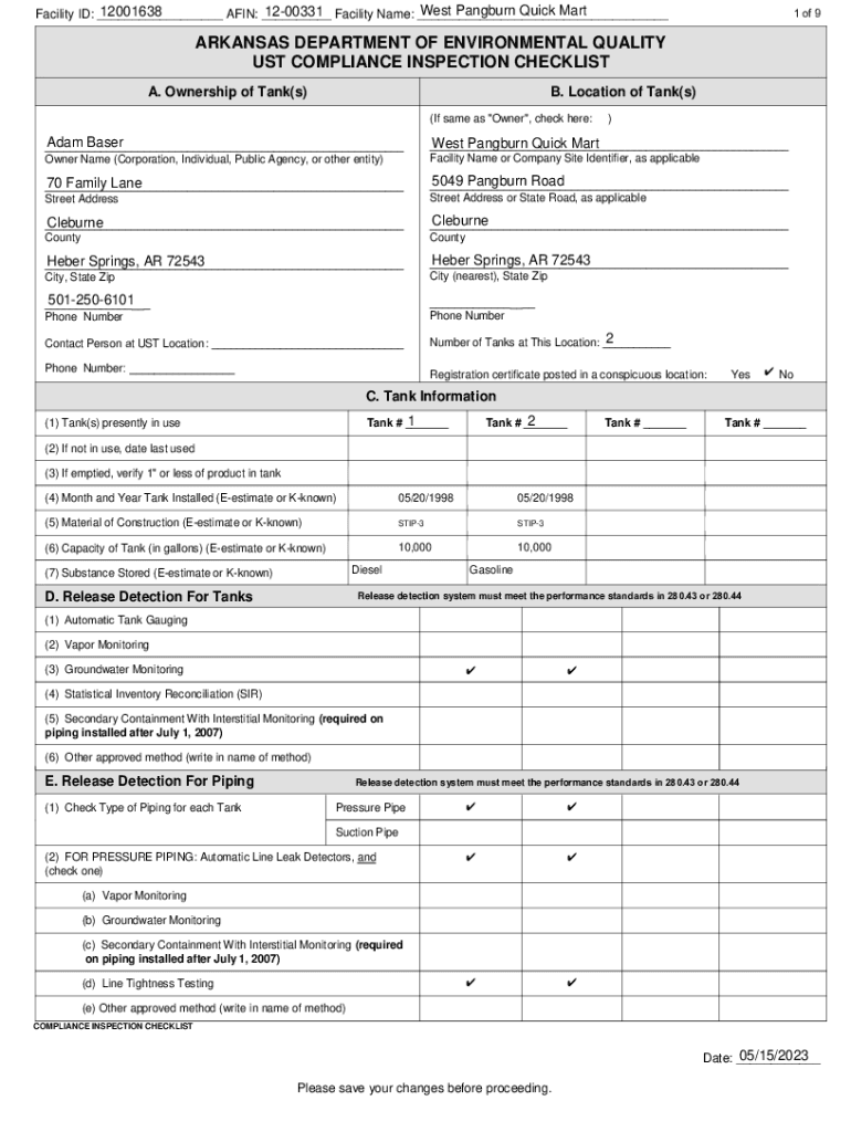 Fillable Online Underground Storage Tank Inspection Checklists Fax