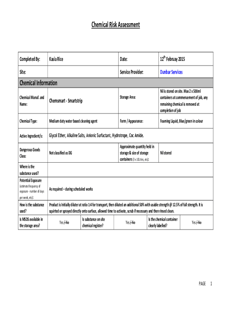 Fillable Online Template Chemical Risk Assessment Form Fax Email