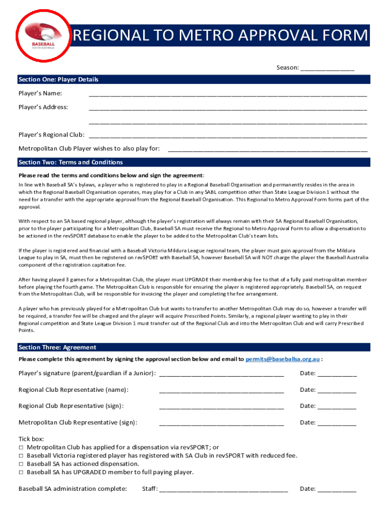 Fillable Online REGIONAL TO METRO APPROVAL FORM Fax Email Print pdfFiller