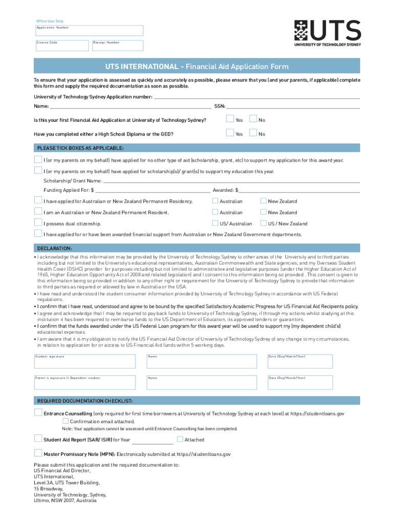 Fillable Online UTS INTERNATIONAL Financial Aid Application Form Fax Email Print pdfFiller