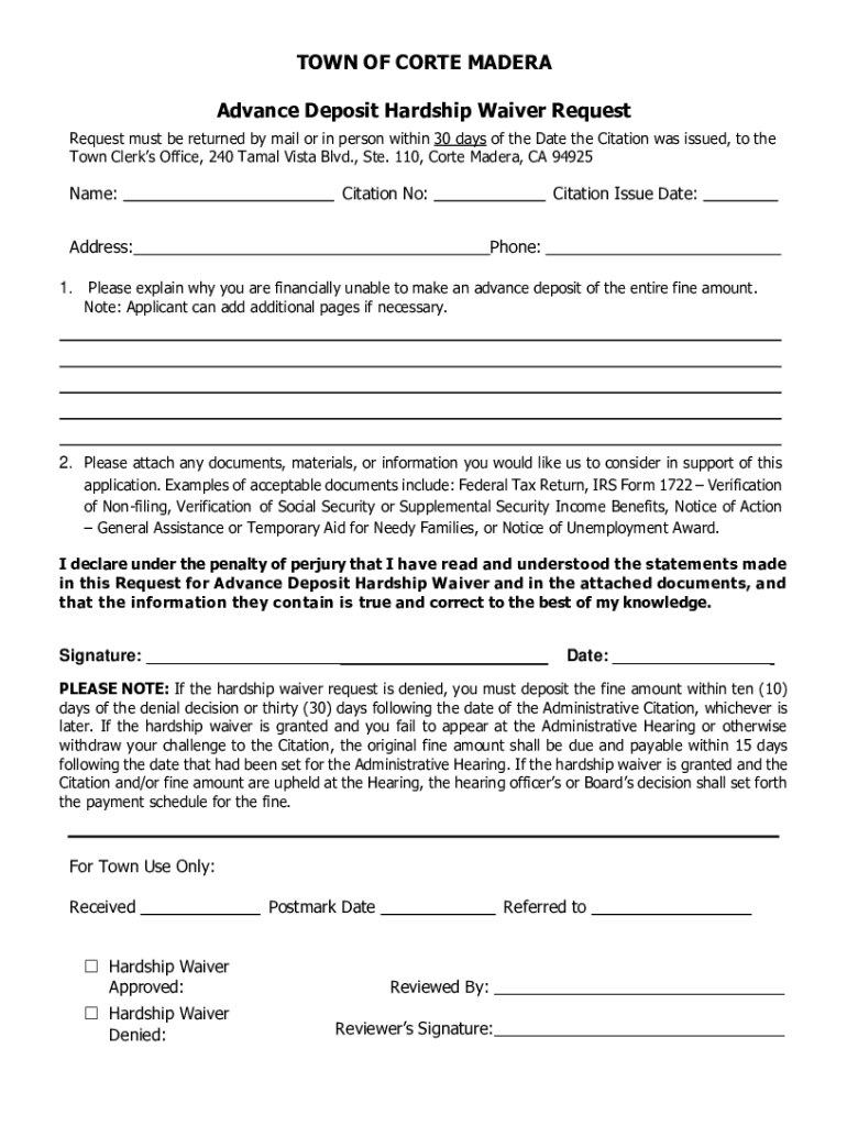 Fillable Online Administrative Citation Advanced Hardship Waiver Form