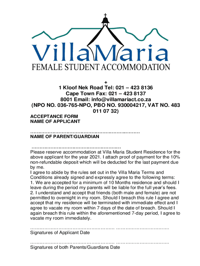 Fillable Online Villa Maria Acceptance Form Fax Email Print pdfFiller