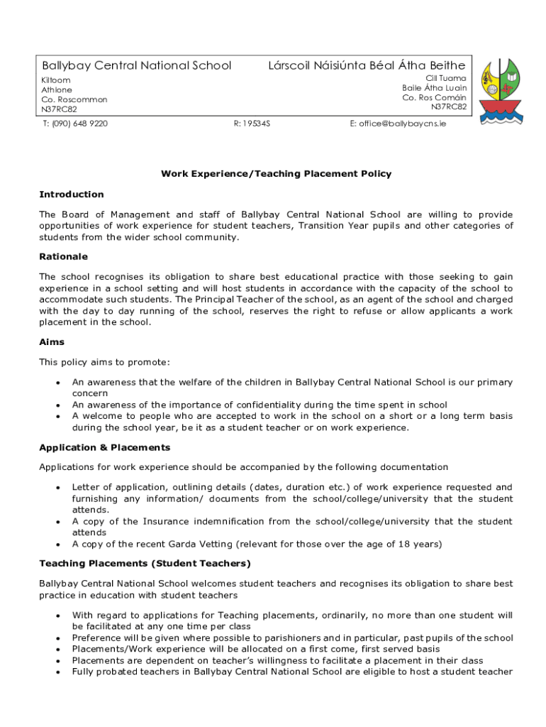 Fillable Online Ballybay Central National School Lrscoil Nisinta Bal