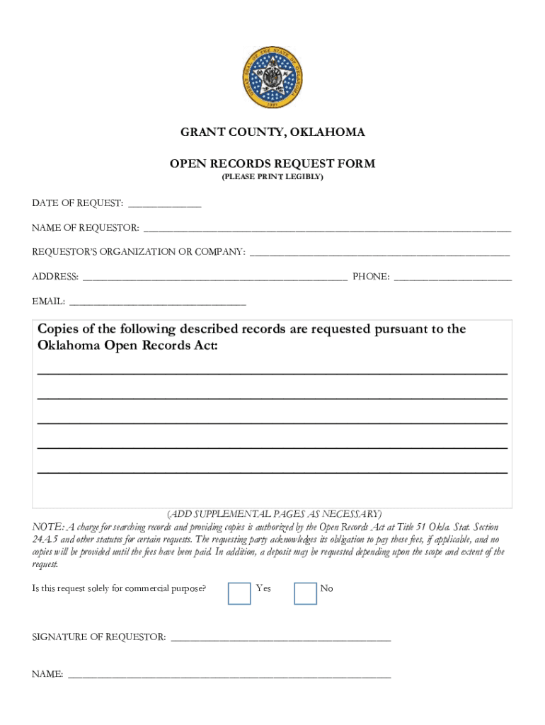 Fillable Online Grant County, OKLAHOMA Open Records Request Form Fax