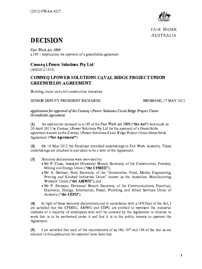 Fillable Online Greenfields Agreement Only for Genuine New Enterprise