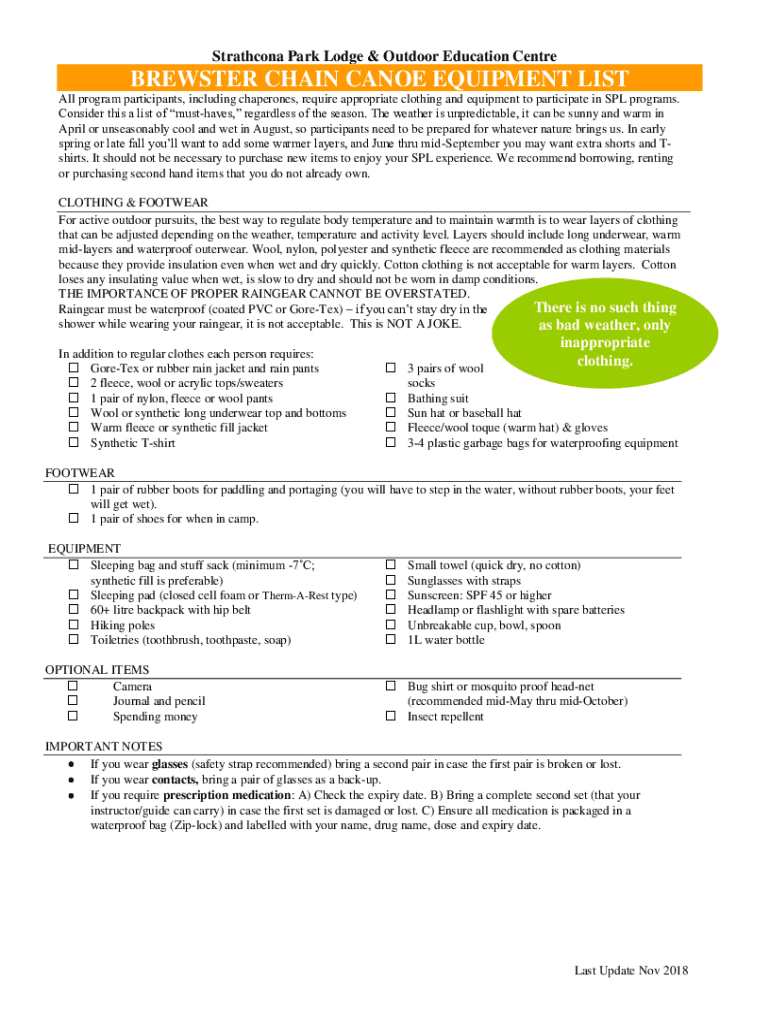 Fillable Online brewster chain canoe equipment list Fax Email Print