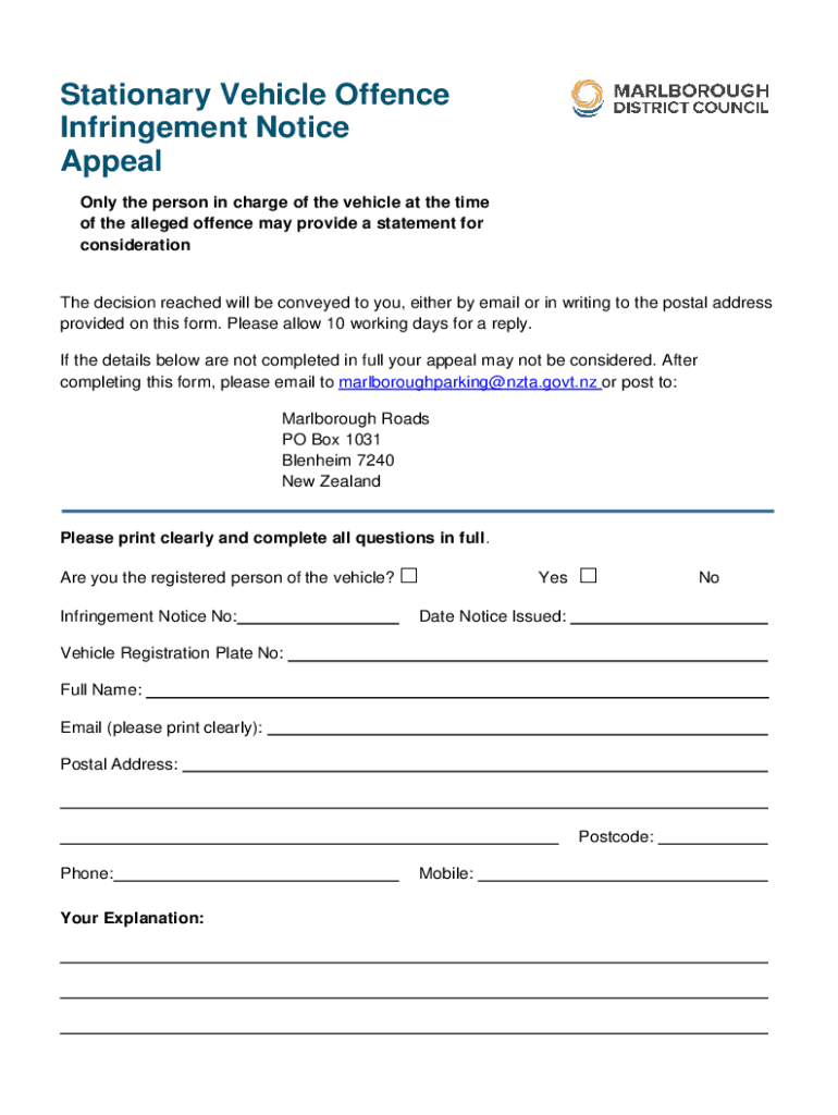 Fillable Online Stationary Vehicle Offence Infringement Notice Appeal Fax Email Print pdfFiller