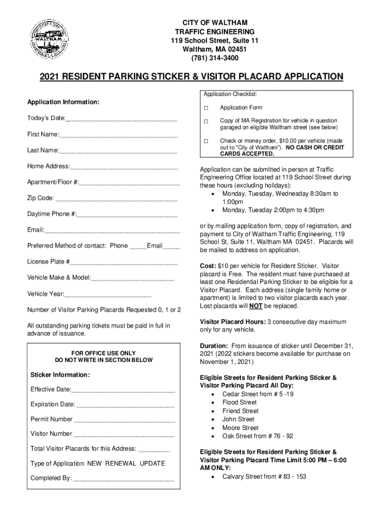 Fillable Online 2021 RESIDENT PARKING STICKER & VISITOR PLACARD