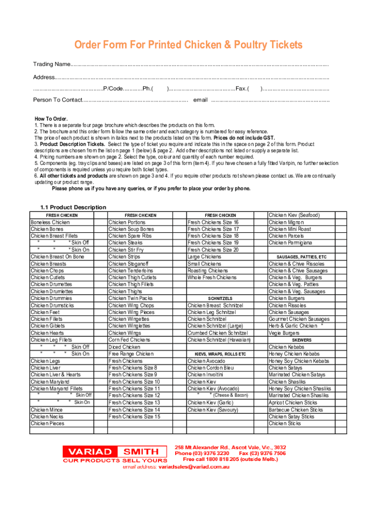 Fillable Online Chicken order form template for Google Forms Fax Email