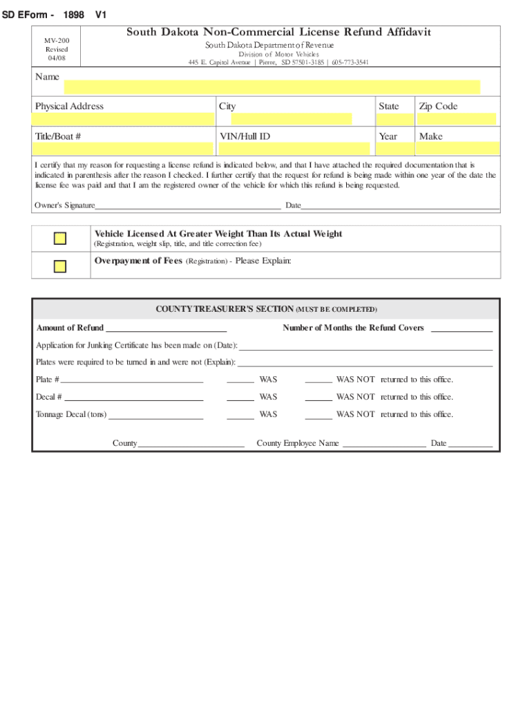 Fillable Online South Dakota License Refund Affidavit Fax