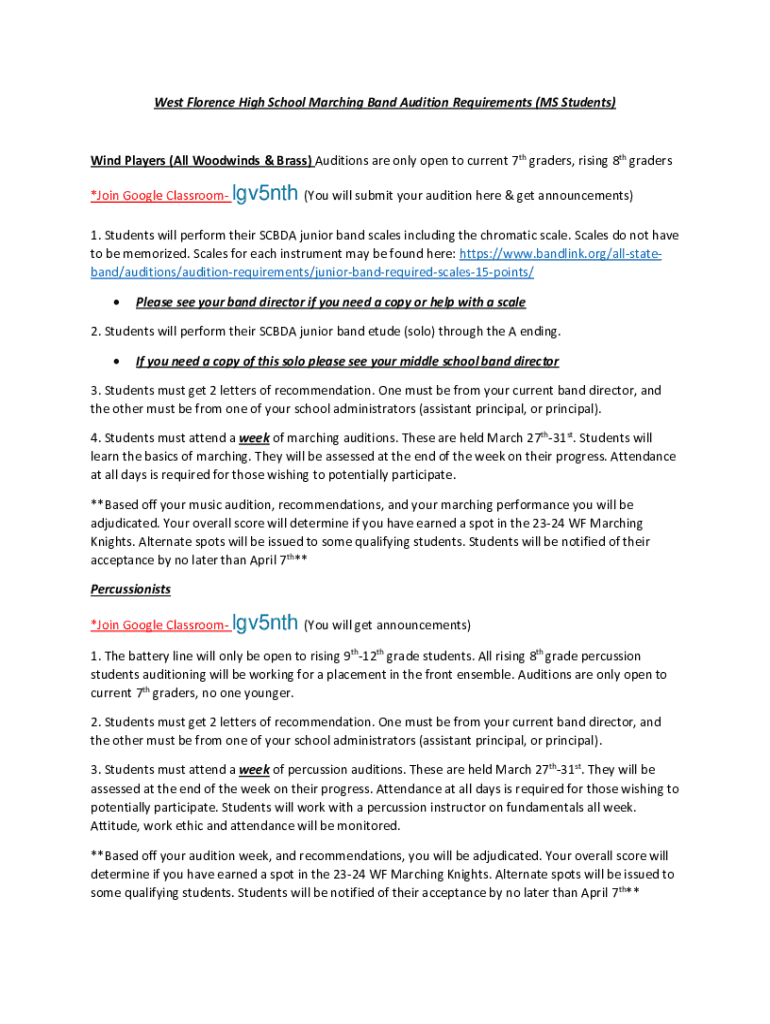 Fillable Online West Florence High School Marching Band Audition Fax Email Print pdfFiller