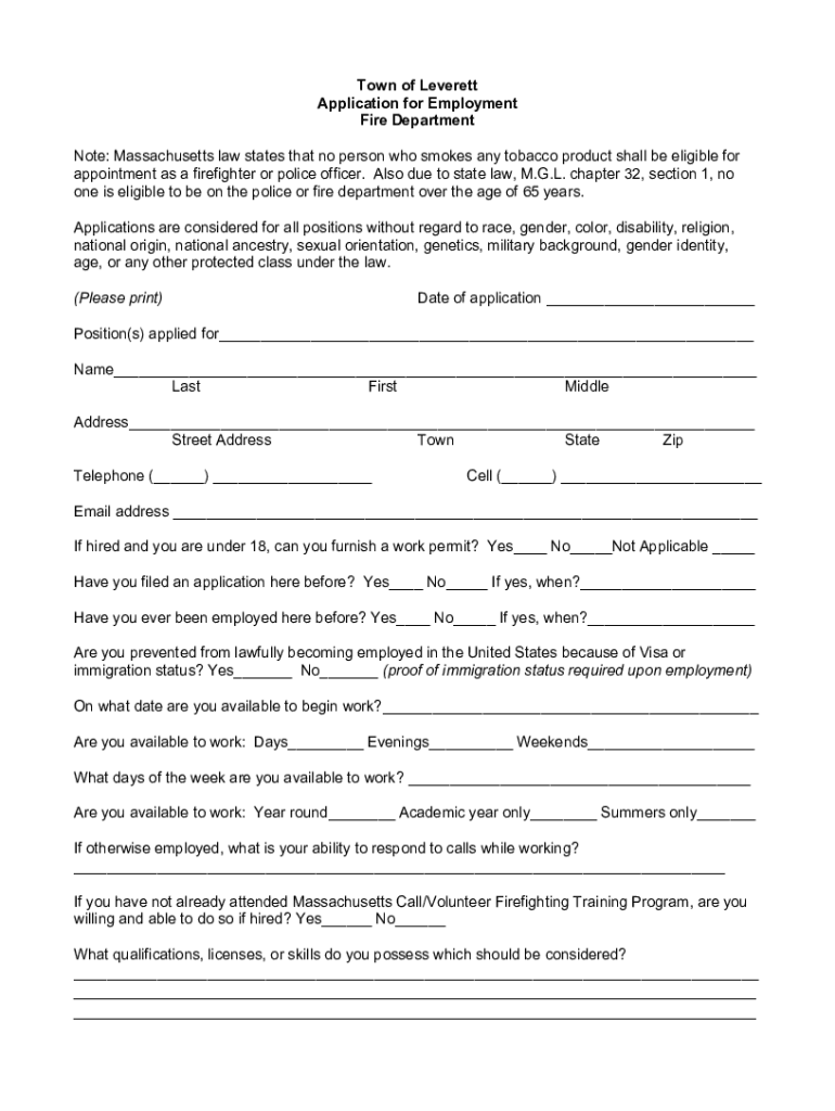 Fillable Online leverett ma Town of Leverett Application for Employment