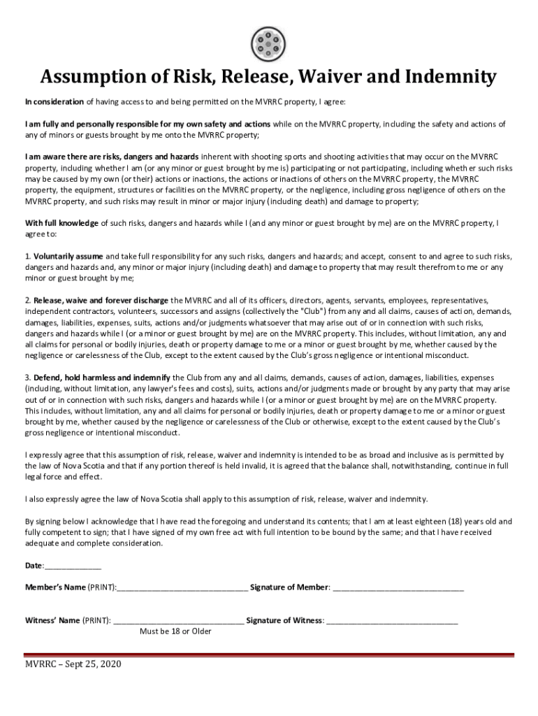 Fillable Online Assumption of Risk, Release, Waiver and Indemnity Fax