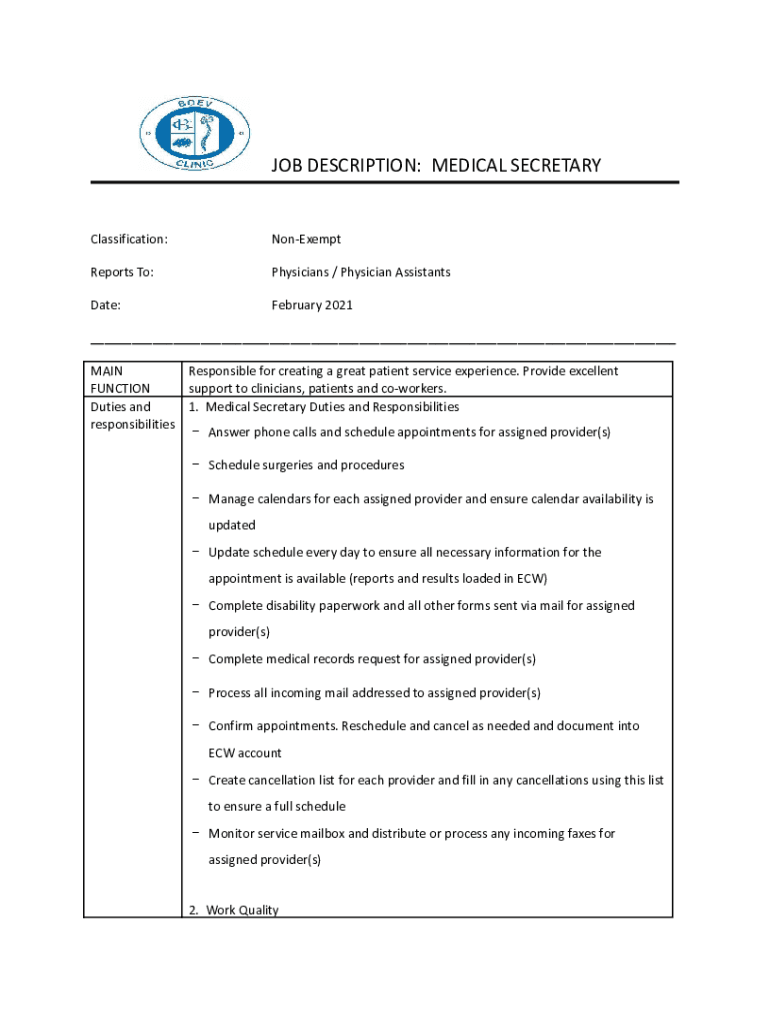 Fillable Online Medical Secretary Job Description +2023 TEMPLATE Fax
