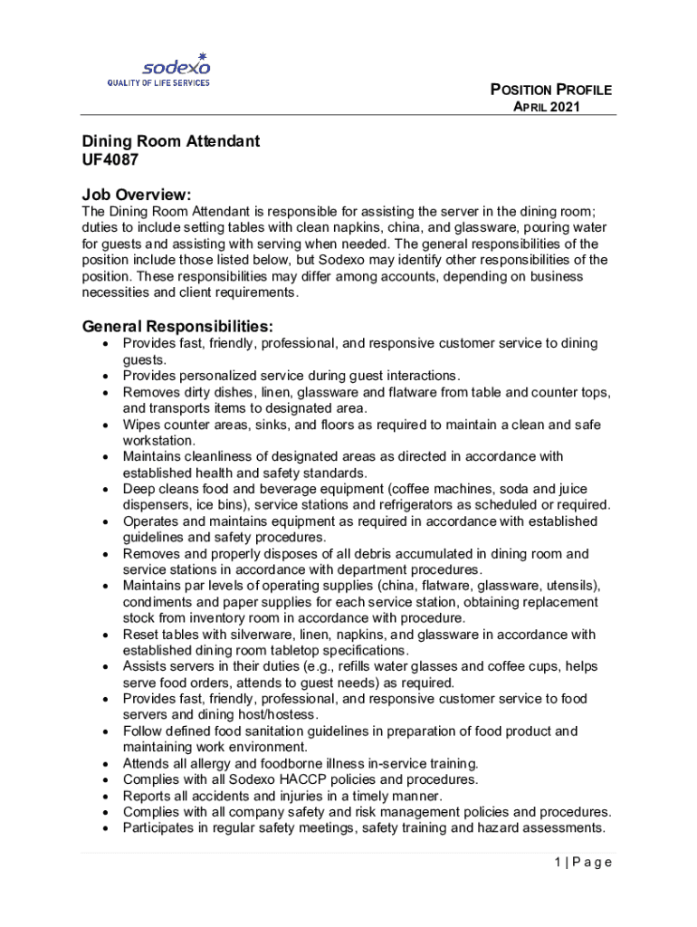 Fillable Online Job Posting for Dining Room Attendant at Sodexo Fax