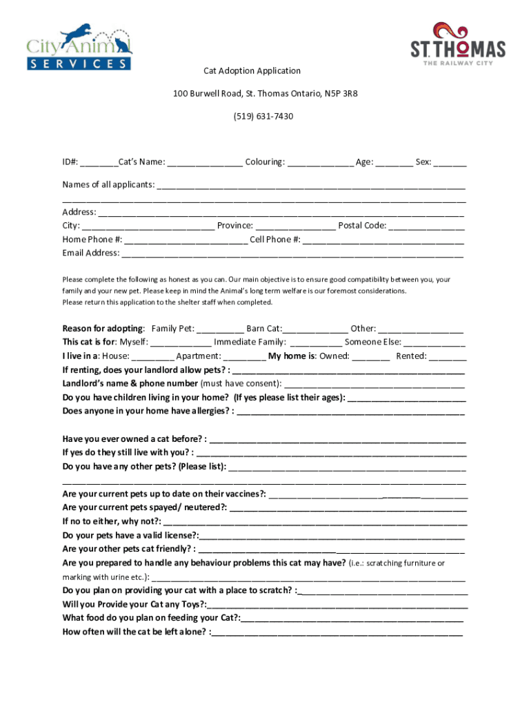 Fillable Online Cat Adoption Application 100 Burwell Road, St. Thomas